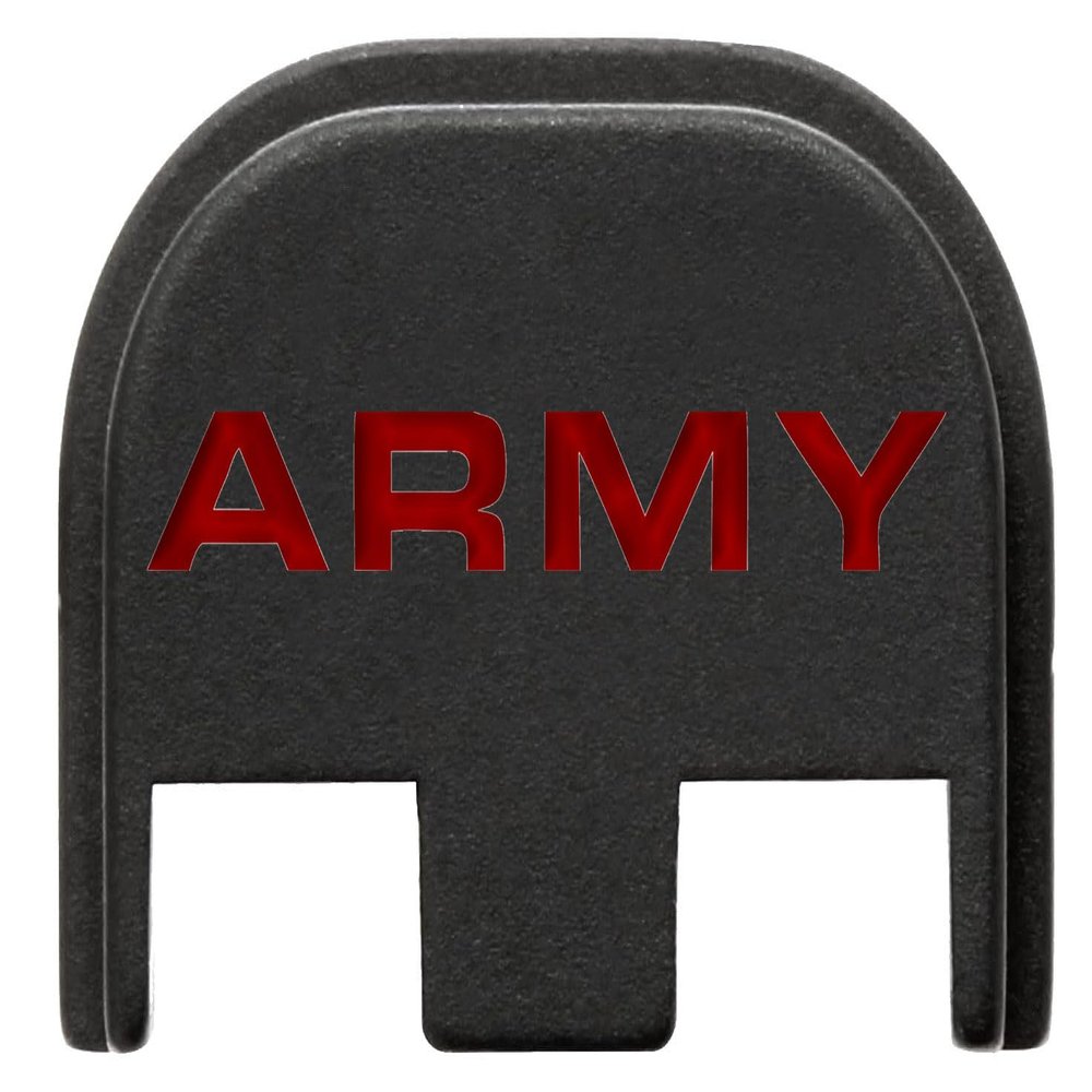 NDZ Performance Slide Cover Back Plate for Glock Gen 5  Black Aluminum, Red Fill Laser Engraved Army Text Fits G17 G19 G20 G34 G45 G47, PSA Dagger