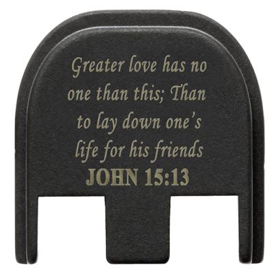 NDZ Performance Slide Cover Back Plate for Glock Gen 5  Black Aluminum, FDE Fill Laser Engraved Bible John 15:13 Fits G17 G19 G20 G34 G45 G47, PSA Dagger