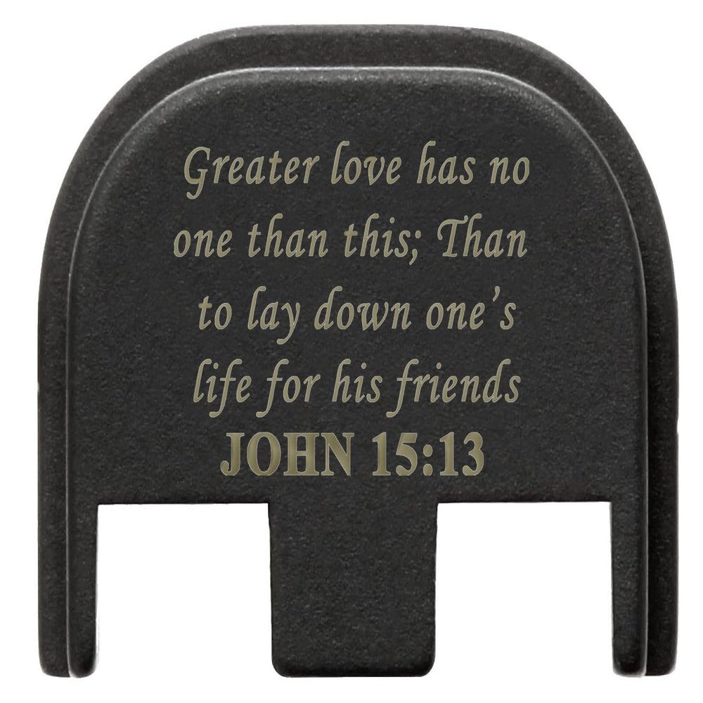 NDZ Performance Slide Cover Back Plate for Glock Gen 5  Black Aluminum, FDE Fill Laser Engraved Bible John 15:13 Fits G17 G19 G20 G34 G45 G47, PSA Dagger