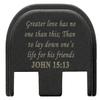 NDZ Performance Slide Cover Back Plate for Glock Gen 5  Black Aluminum, FDE Fill Laser Engraved Bible John 15:13 Fits G17 G19 G20 G34 G45 G47, PSA Dagger view 1