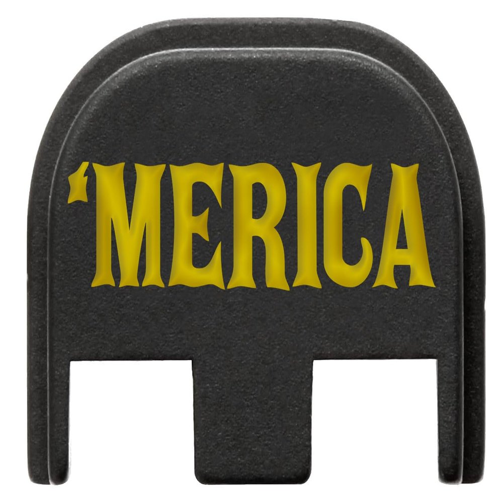NDZ Performance Slide Cover Back Plate for Glock Gen 5  Black Aluminum, Gold Fill Laser Engraved Merica Fits G17 G19 G20 G34 G45 G47, PSA Dagger