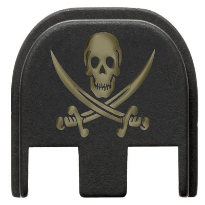 NDZ Performance Slide Cover Back Plate for Glock Gen 5  Black Aluminum, FDE Fill Laser Engraved Skull and Crossbones Jolly Roger Fits G17 G19 G20 G34 G45 G47, PSA Dagger