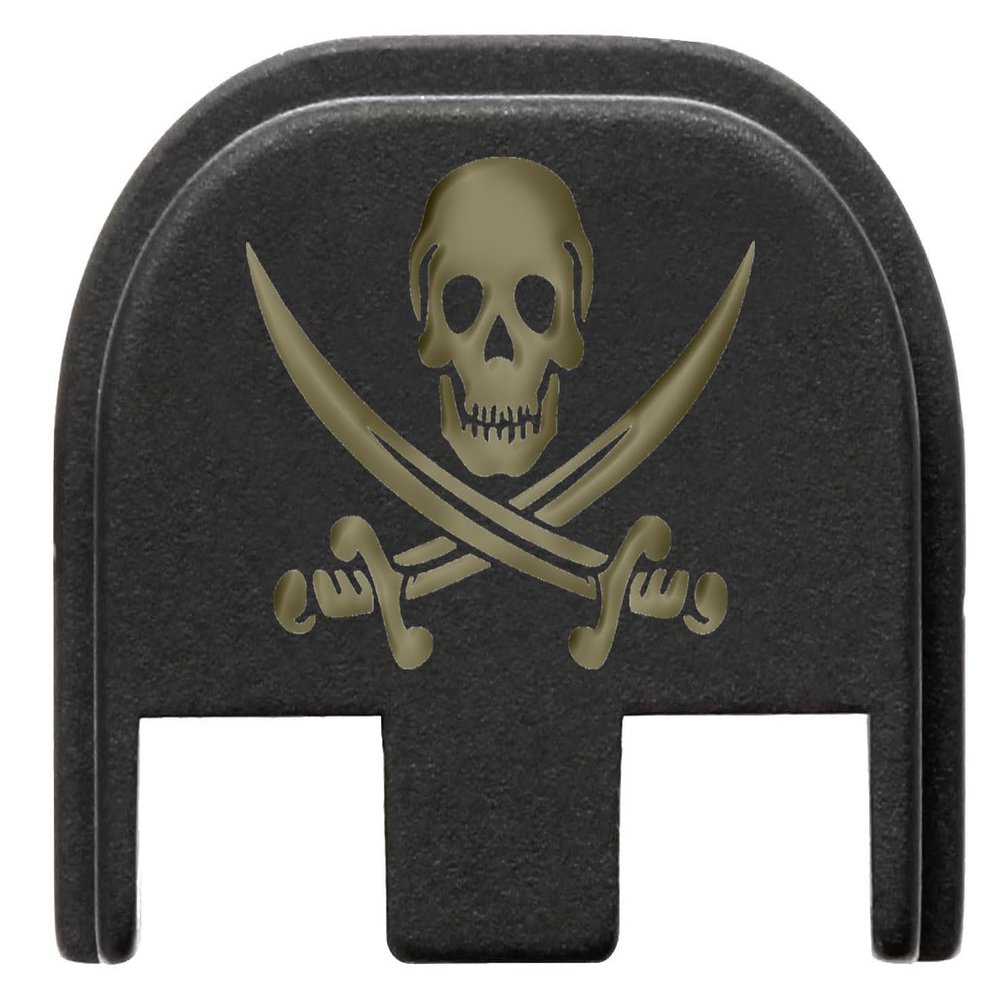 NDZ Performance Slide Cover Back Plate for Glock Gen 5  Black Aluminum, FDE Fill Laser Engraved Skull and Crossbones Jolly Roger Fits G17 G19 G20 G34 G45 G47, PSA Dagger
