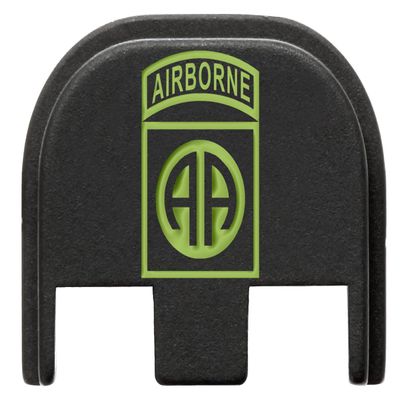 NDZ Performance Slide Cover Back Plate for Glock Gen 5  Black Aluminum, Green Fill Laser Engraved Airborne 82nd Fits G17 G19 G20 G34 G45 G47, PSA Dagger