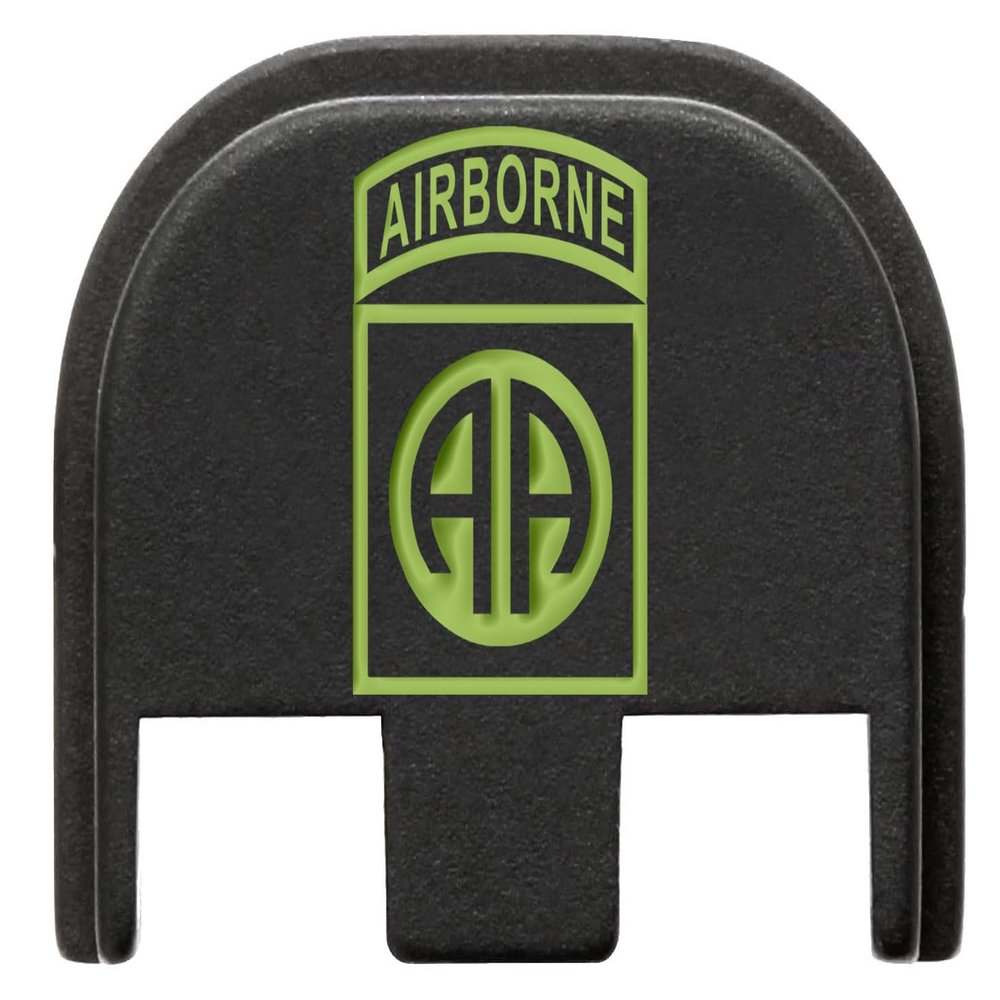 NDZ Performance Slide Cover Back Plate for Glock Gen 5  Black Aluminum, Green Fill Laser Engraved Airborne 82nd Fits G17 G19 G20 G34 G45 G47, PSA Dagger