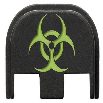 NDZ Performance Slide Cover Back Plate for Glock Gen 5  Black Aluminum, Green Fill Laser Engraved Biohazard Fits G17 G19 G20 G34 G45 G47, PSA Dagger