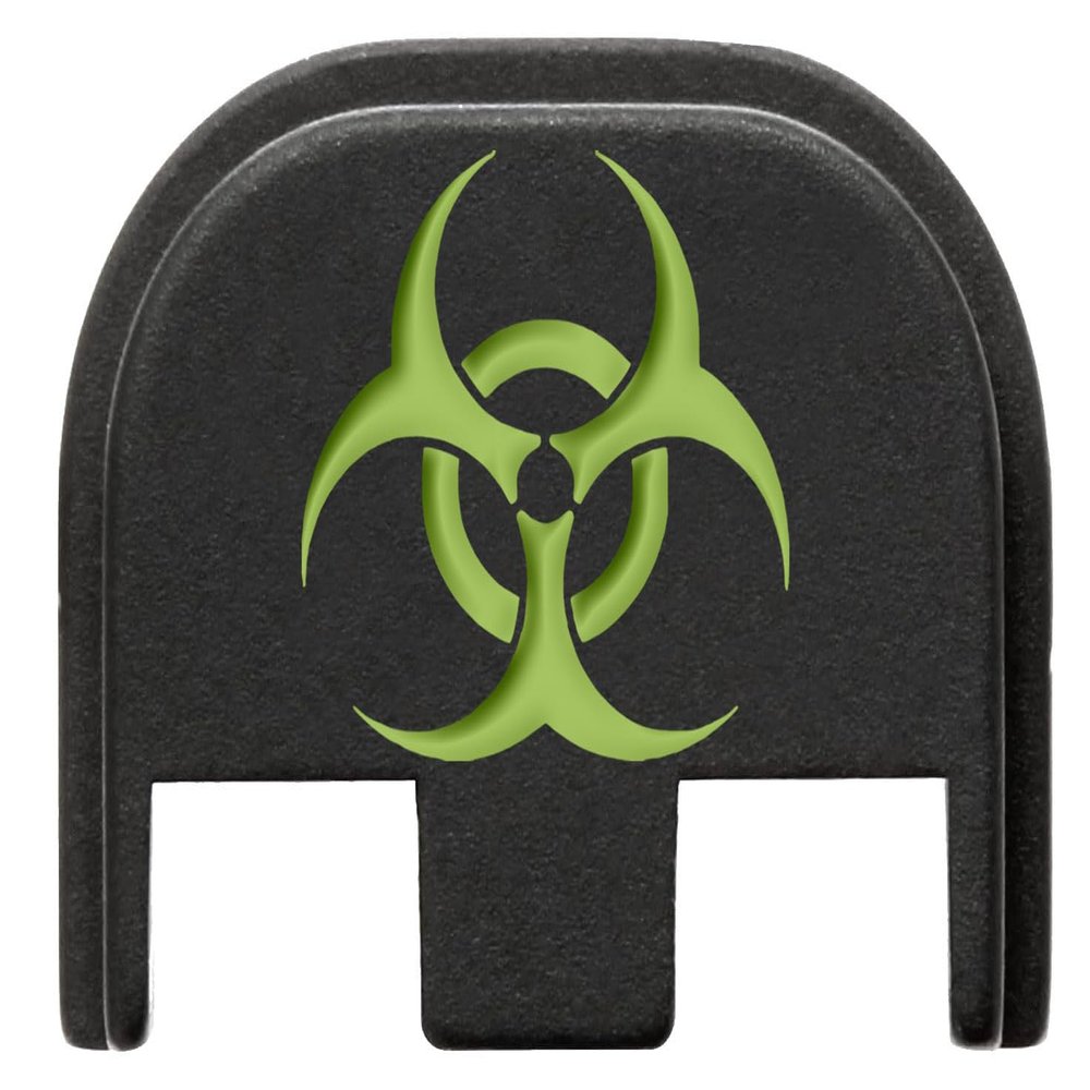 NDZ Performance Slide Cover Back Plate for Glock Gen 5  Black Aluminum, Green Fill Laser Engraved Biohazard Fits G17 G19 G20 G34 G45 G47, PSA Dagger