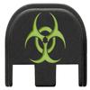 NDZ Performance Slide Cover Back Plate for Glock Gen 5  Black Aluminum, Green Fill Laser Engraved Biohazard Fits G17 G19 G20 G34 G45 G47, PSA Dagger view 1