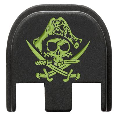 NDZ Performance Slide Cover Back Plate for Glock Gen 5  Black Aluminum, Green Fill Laser Engraved Calico Jack Jolly Roger Fits G17 G19 G20 G34 G45 G47, PSA Dagger