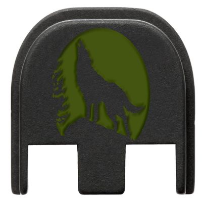 NDZ Performance Slide Cover Back Plate for Glock Gen 5  Black Aluminum, Green Fill Laser Engraved Wolf Moon Fits G17 G19 G20 G34 G45 G47, PSA Dagger