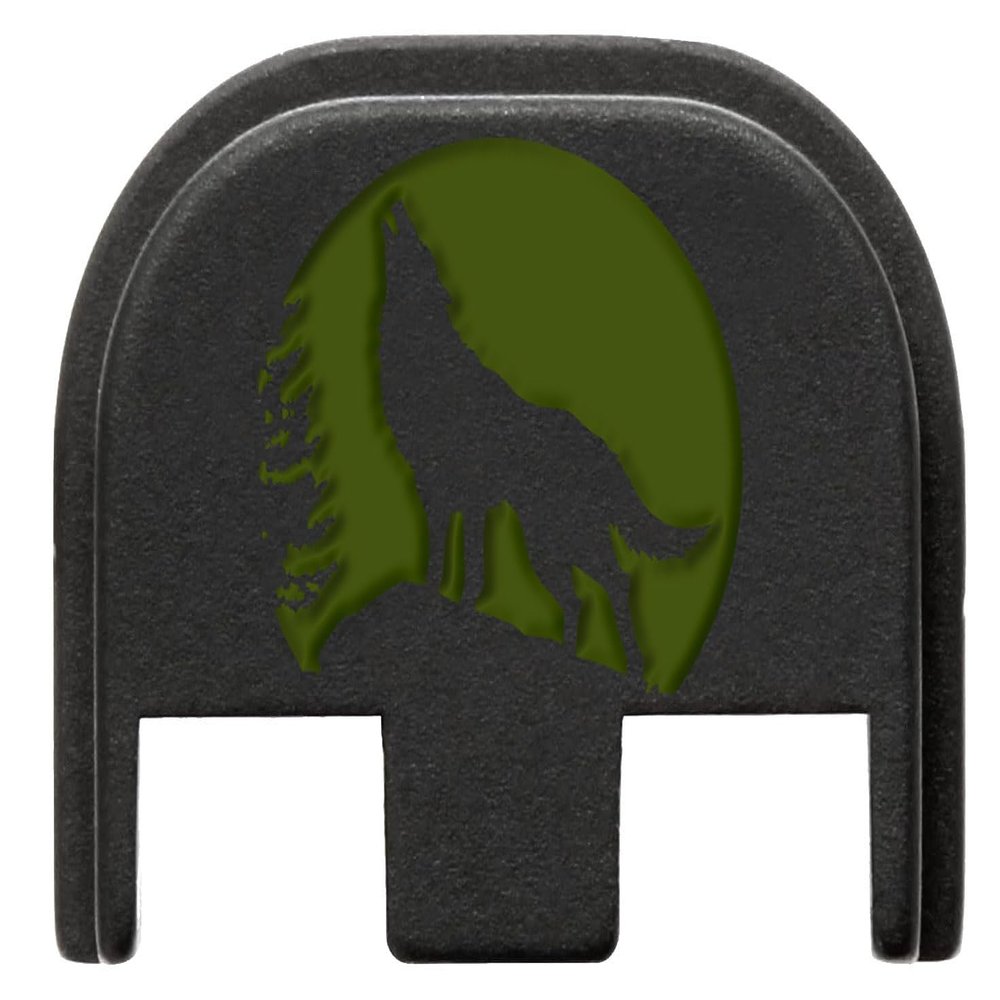 NDZ Performance Slide Cover Back Plate for Glock Gen 5 Black Aluminum, Green Fill Laser Engraved Wolf Moon Fits G17 G19 G20 G34 G45 G47, PSA Dagger