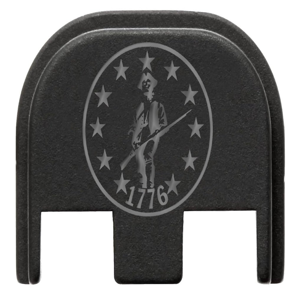 NDZ Performance Slide Cover Back Plate for Glock Gen 5  Black Aluminum, Silver Fill Laser Engraved 1776 Patriot with Stars in Circle Fits G17 G19 G20 G34 G45 G47, PSA Dagger