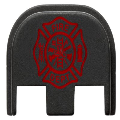 NDZ Performance Slide Cover Back Plate for Glock Gen 5  Black Aluminum, Red Fill Laser Engraved Fire Department Emblem Fits G17 G19 G20 G34 G45 G47, PSA Dagger