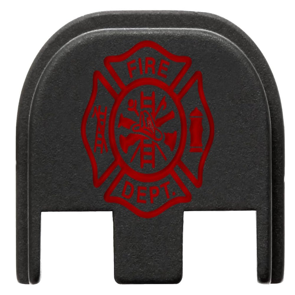 NDZ Performance Slide Cover Back Plate for Glock Gen 5  Black Aluminum, Red Fill Laser Engraved Fire Department Emblem Fits G17 G19 G20 G34 G45 G47, PSA Dagger