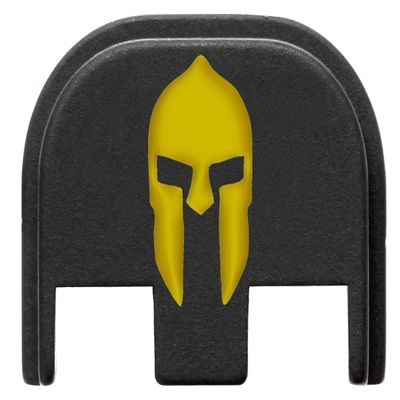 NDZ Performance Slide Cover Back Plate for Glock Gen 5  Black Aluminum, Gold Fill Laser Engraved Spartan Helmet 1 Fits G17 G19 G20 G34 G45 G47, PSA Dagger