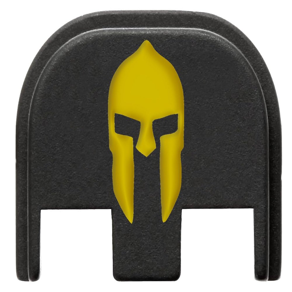NDZ Performance Slide Cover Back Plate for Glock Gen 5  Black Aluminum, Gold Fill Laser Engraved Spartan Helmet 1 Fits G17 G19 G20 G34 G45 G47, PSA Dagger