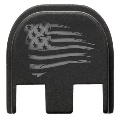 NDZ Performance Slide Cover Back Plate for Glock Gen 5  Black Aluminum, Silver Fill Laser Engraved US Flag Tattered Fits G17 G19 G20 G34 G45 G47, PSA Dagger