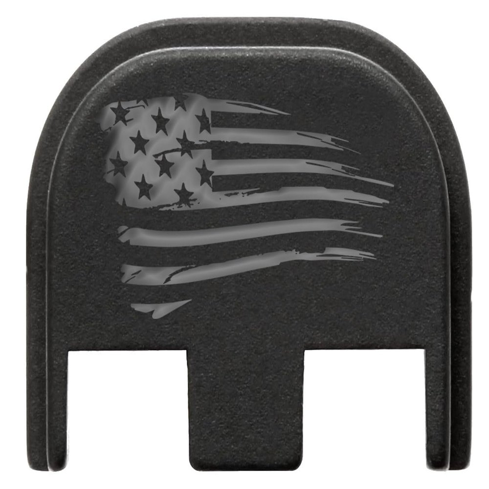 NDZ Performance Slide Cover Back Plate for Glock Gen 5  Black Aluminum, Silver Fill Laser Engraved US Flag Tattered Fits G17 G19 G20 G34 G45 G47, PSA Dagger