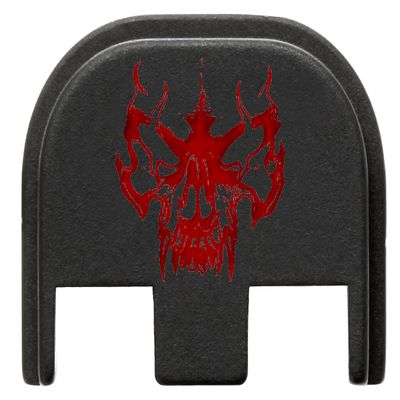 NDZ Performance Slide Cover Back Plate for Glock Gen 5  Black Aluminum, Red Fill Laser Engraved Skull Tattoo 1 Fits G17 G19 G20 G34 G45 G47, PSA Dagger
