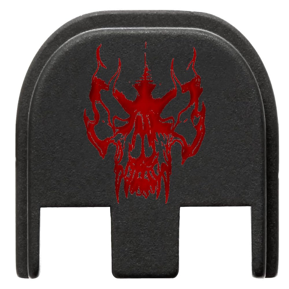 NDZ Performance Slide Cover Back Plate for Glock Gen 5  Black Aluminum, Red Fill Laser Engraved Skull Tattoo 1 Fits G17 G19 G20 G34 G45 G47, PSA Dagger