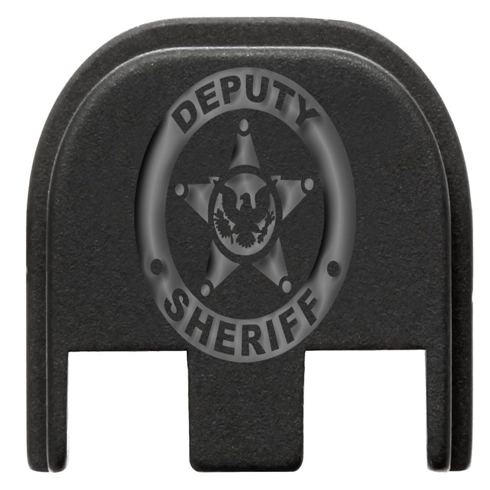 NDZ Performance Slide Cover Back Plate for Glock Gen 5  Black Aluminum, Silver Fill Laser Engraved Deputy Sheriff Eagle Logo Fits G17 G19 G20 G34 G45 G47, PSA Dagger