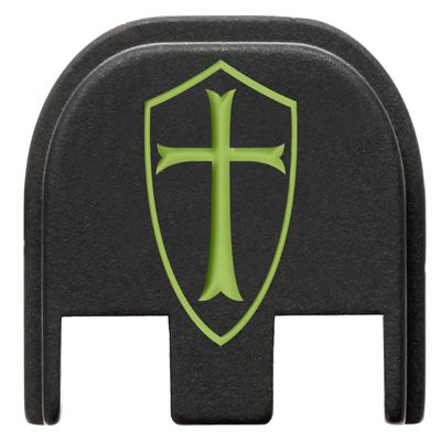 NDZ Performance Slide Cover Back Plate for Glock Gen 5  Black Aluminum, Green Fill Laser Engraved Knights Templar Shield Fits G17 G19 G20 G34 G45 G47, PSA Dagger