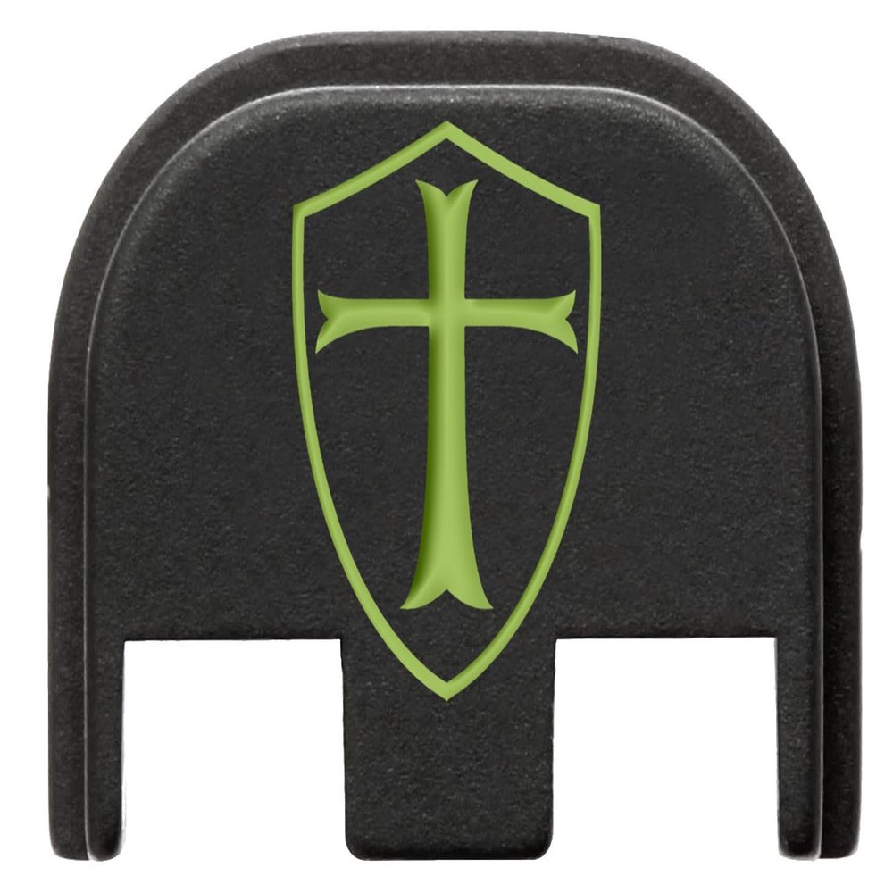 NDZ Performance Slide Cover Back Plate for Glock Gen 5  Black Aluminum, Green Fill Laser Engraved Knights Templar Shield Fits G17 G19 G20 G34 G45 G47, PSA Dagger