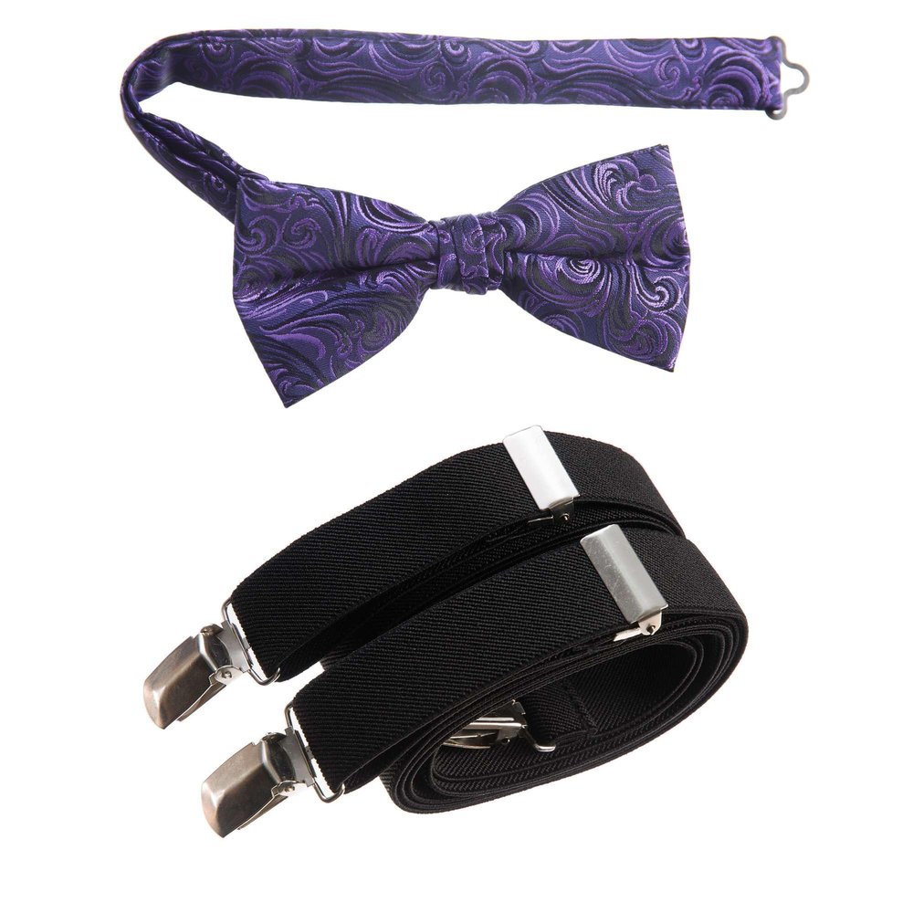 Tuxgear Boys Bow Tie and Adjustable Stretch Suspender Sets, (Purple Imperial with Black, 30" Boys)