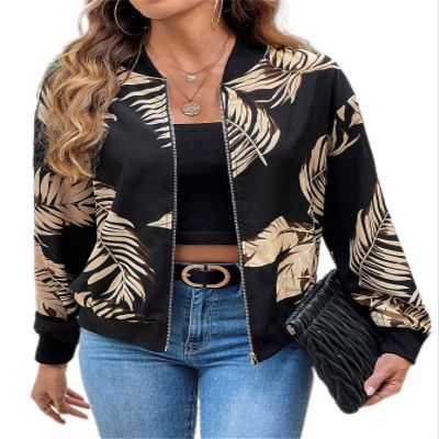 Tropical Print Zip Up Bomber Jacket for Women - Casual Style, Long Sleeve, Regular Fit (Color : Black, Size : Large)
