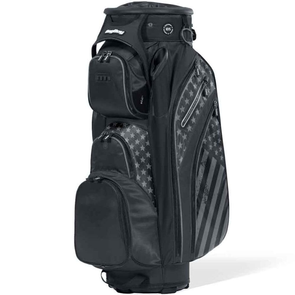 Bag Boy Revolver XP Golf Cart Bag, 14 Way 360 Rotating Top with Full Length Individual Dividers, External Putter Tube, 9 Pockets, Black/Stars and Stripes