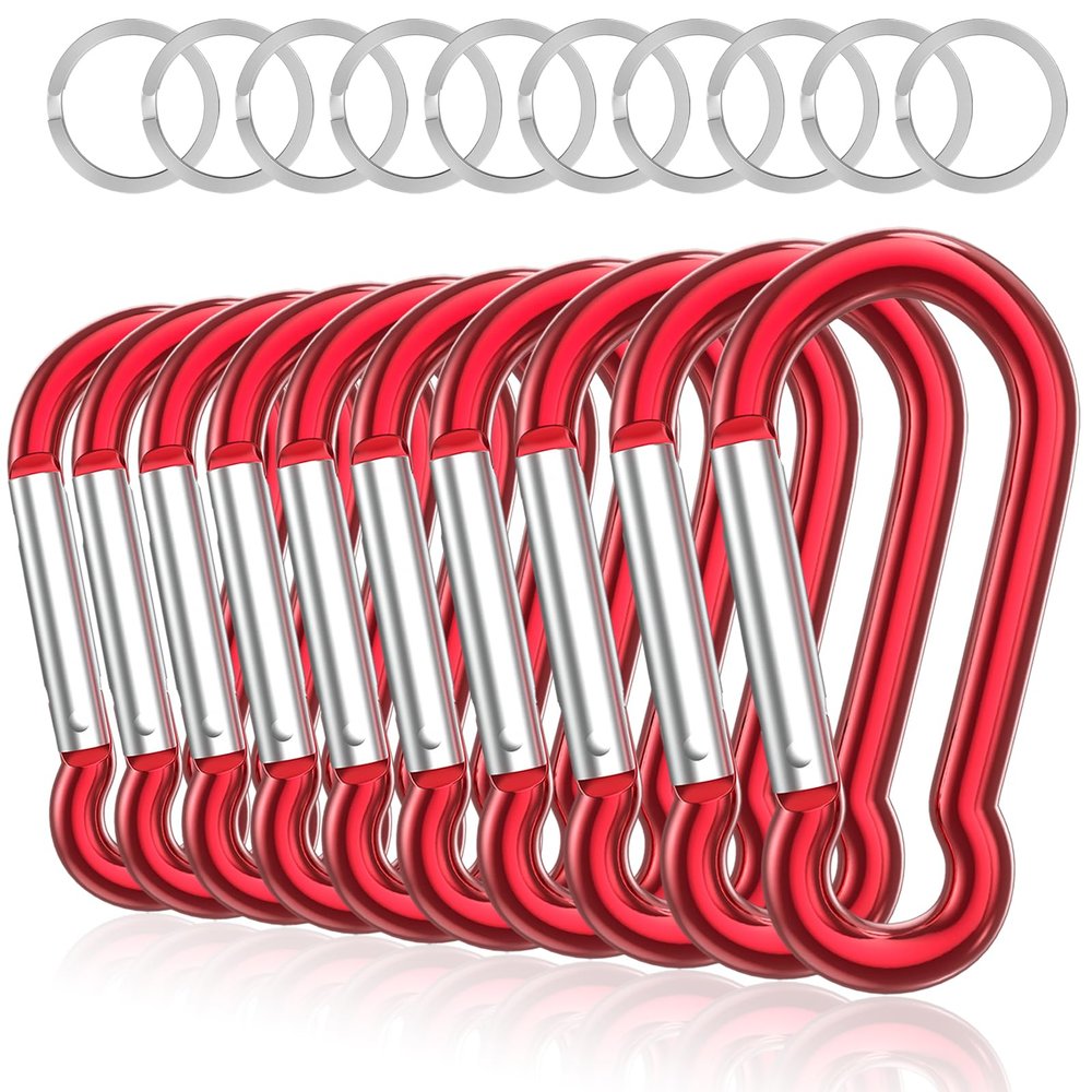 Sprookber Aluminum Carabiner, Caribeener Clips, Spring Snap Hook for Keychain Clip, Set of 10 (Red)