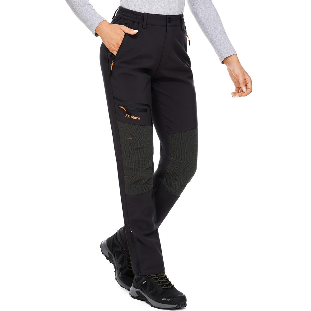 Asfixiado Womens Snow Ski Pants Waterproof Hiking Fleece Lined Insulated Softshell Outdoor Pants Snowboard Zipper Bottom Leg #6081-Black-14