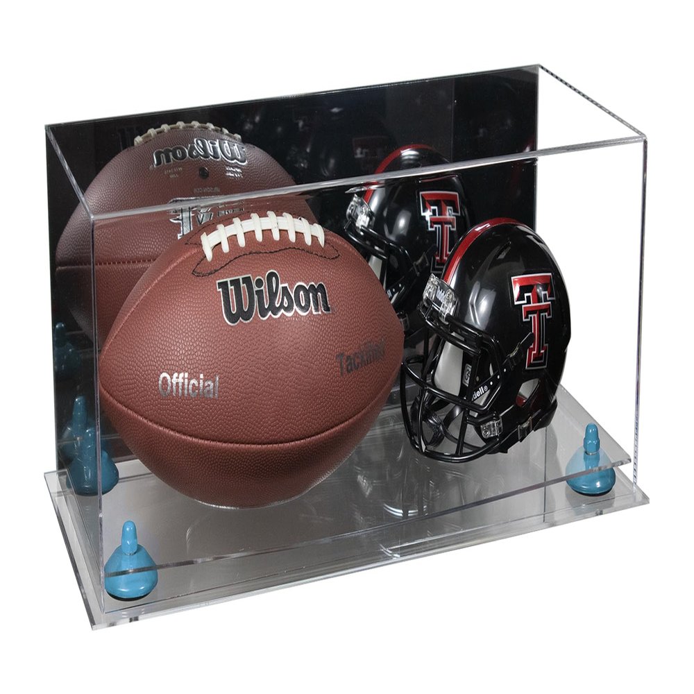 Better Display Cases Acrylic Full Size Football and Mini Helmet Display Case with Mirror Case, Light Blue Risers and Clear Base 19.25" x 8.25" x 8" (B47/A103)