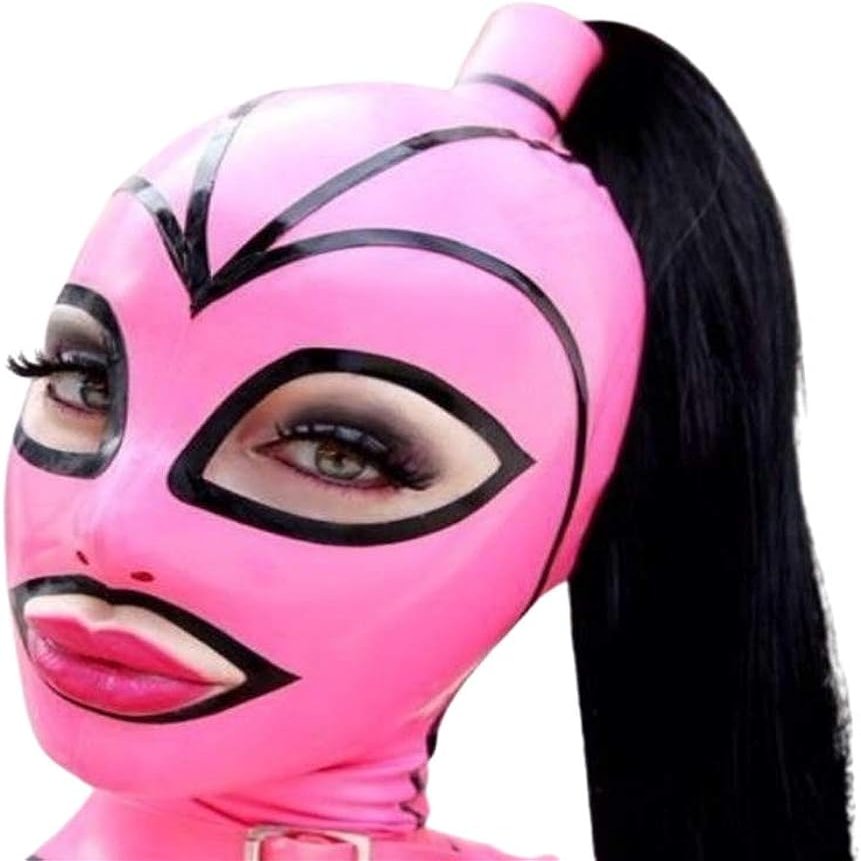 DORAFEI Latex Hood Mask Holiday Rubber Full Face Pink and Black Strips with Ponytail Wig Latex Mask (customized size, No tail and wigs)