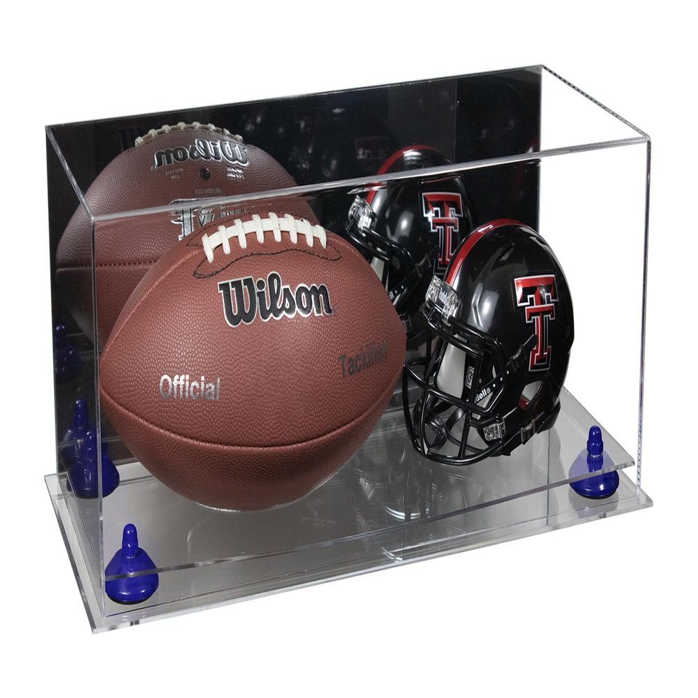 Better Display Cases Acrylic Full Size Football and Mini Helmet Display Case with Mirror Case, Dark Blue Risers and Clear Base 19.25" x 8.25" x 8" (B47/A103)