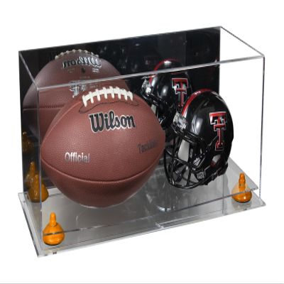 Better Display Cases Acrylic Full Size Football and Mini Helmet Display Case with Mirror Case, Orange Risers and Clear Base 19.25" x 8.25" x 8" (B47/A103)