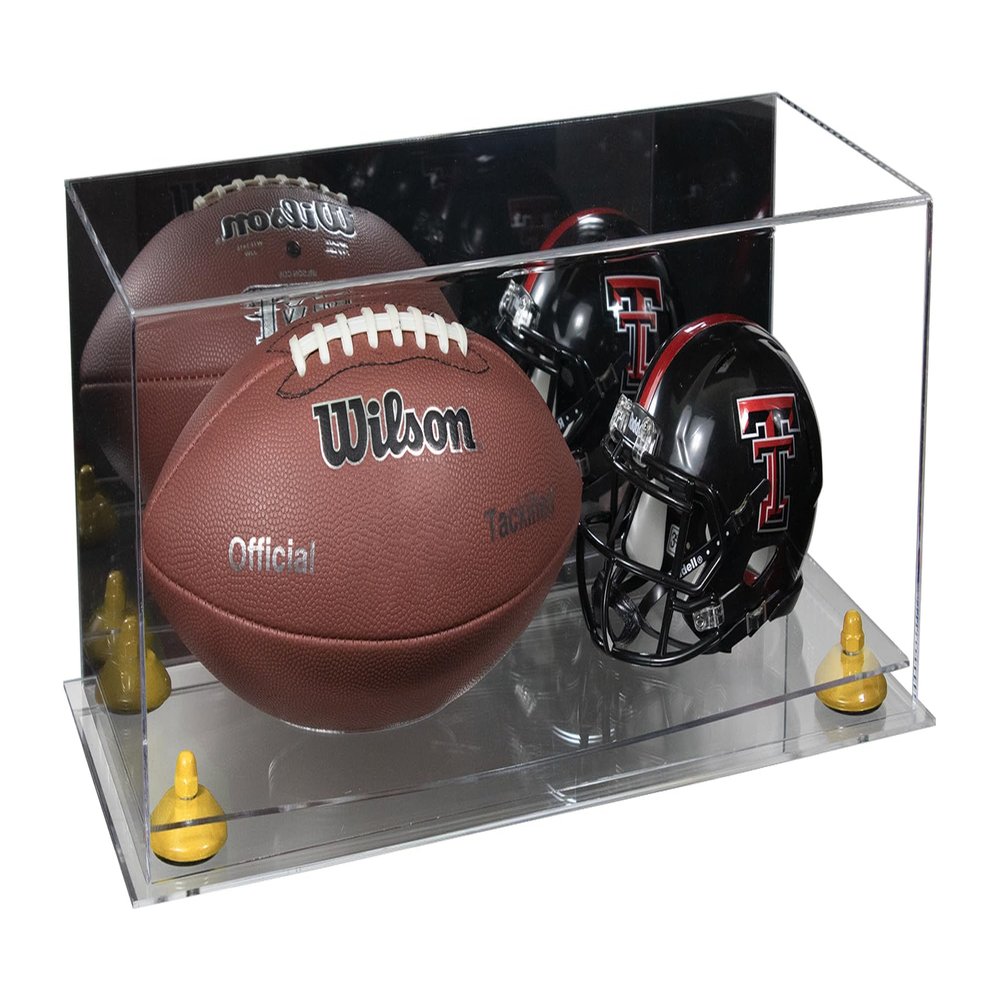Better Display Cases Acrylic Full Size Football and Mini Helmet Display Case with Mirror Case, Yellow Risers and Clear Base 19.25" x 8.25" x 8" (B47/A103)