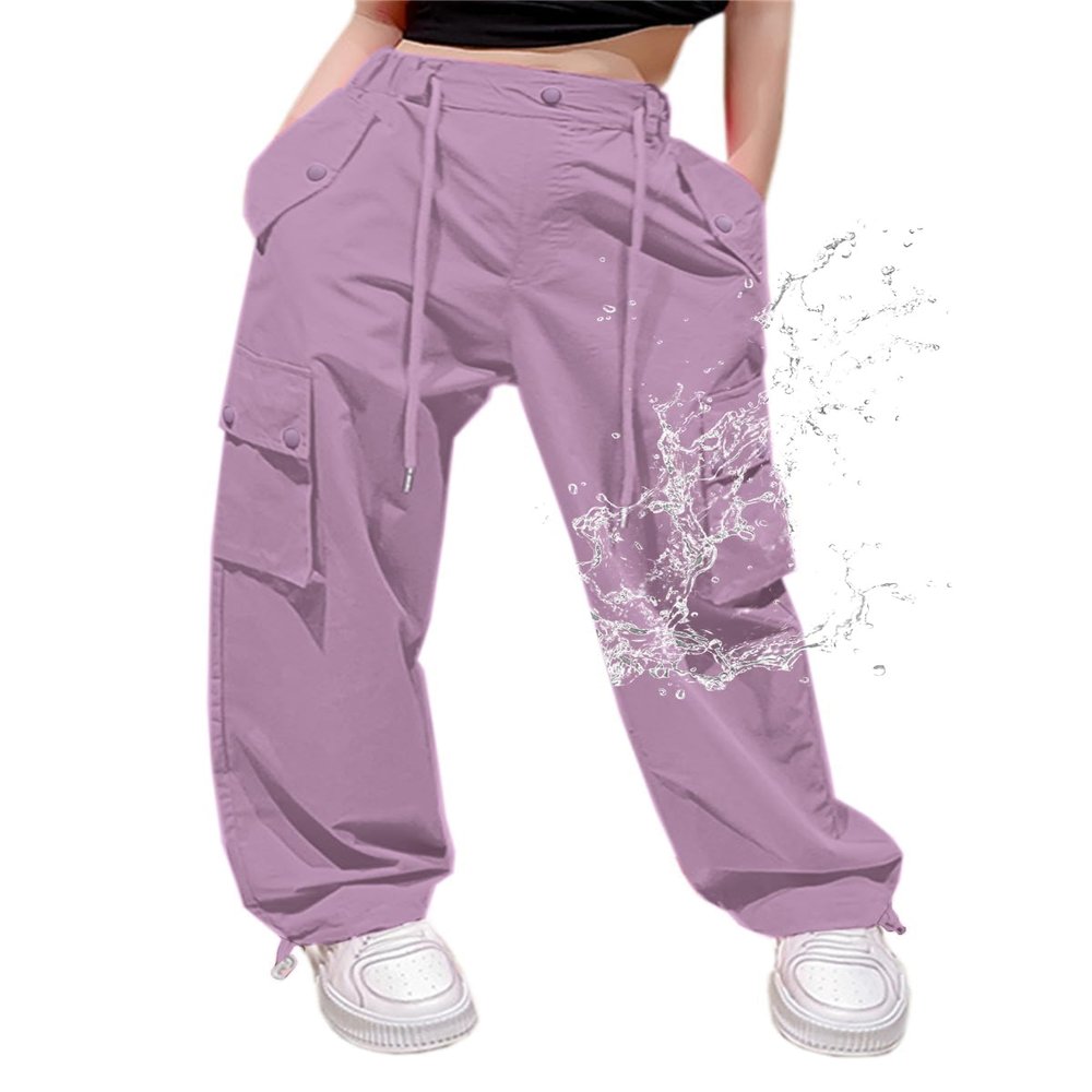 Cromoncent Girls High Waist Casual Parachute Pants Y2K Cargo Trousers with Pockets, 1#Purple, 6-7 Years = Tag 130