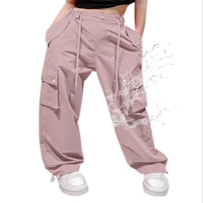 Cromoncent Girls High Waist Parachute Pants Y2K Cargo Trousers with Pockets, 1#Light Pink, 7-8 Years = Tag 140