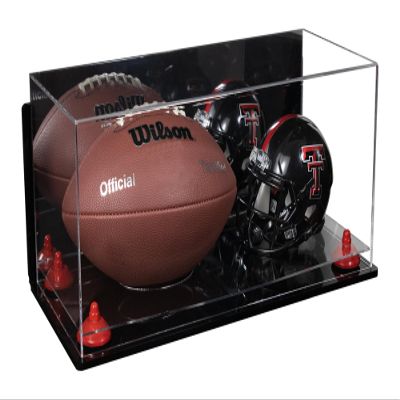 Better Display Cases Acrylic Full Size Football and Mini Helmet Display Case with Mirror Case, Red Risers, Wall Mount and Clear Base 19.25" x 8.25" x 8" (B47/A103)