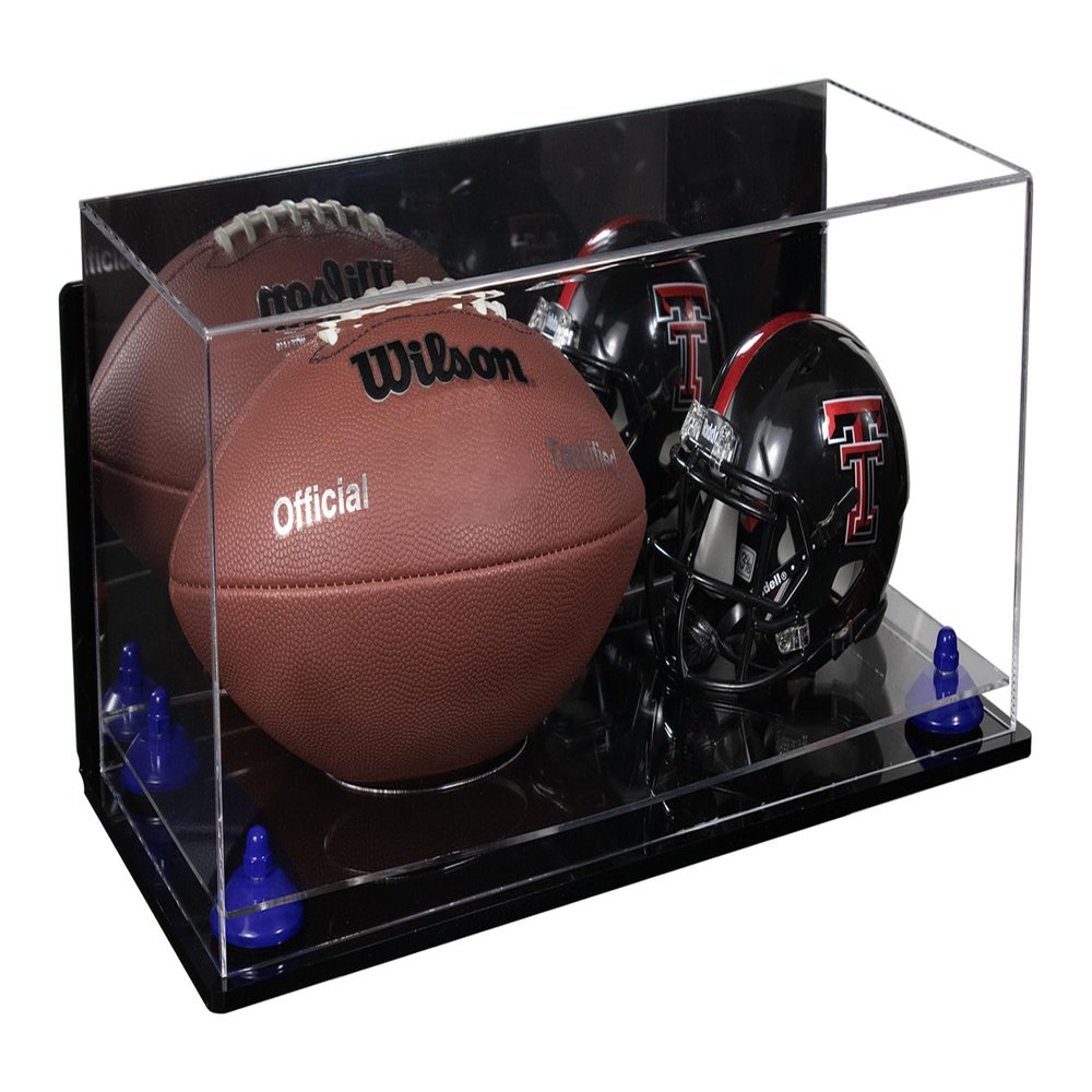 Better Display Cases Acrylic Full Size Football and Mini Helmet Display Case with Mirror Case, Dark Blue Risers, Wall Mount and Clear Base 19.25" x 8.25" x 8" (B47/A103)