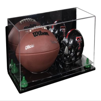 Better Display Cases Acrylic Full Size Football and Mini Helmet Display Case with Mirror Case, Green Risers, Wall Mount and Clear Base 19.25" x 8.25" x 8" (B47/A103)