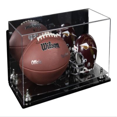 Better Display Cases Acrylic Full Size Football and Mini Helmet Display Case with Mirror Case, Silver Risers, Wall Mount and Clear Base 19.25" x 8.25" x 8" (B47/A103)