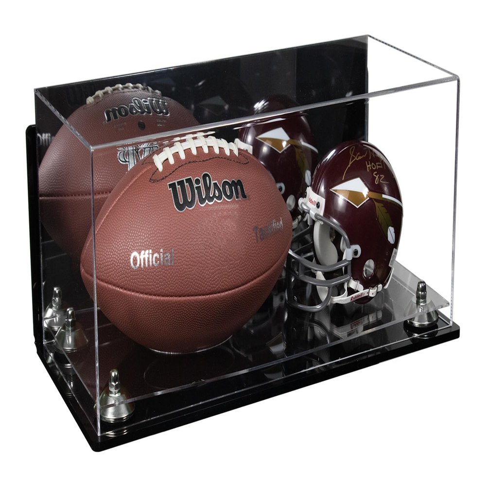 Better Display Cases Acrylic Full Size Football and Mini Helmet Display Case with Mirror Case, Silver Risers, Wall Mount and Clear Base 19.25" x 8.25" x 8" (B47/A103)