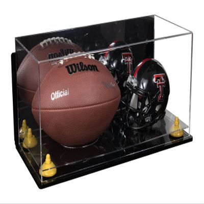 Better Display Cases Acrylic Full Size Football and Mini Helmet Display Case with Mirror Case, Yellow Risers, Wall Mount and Clear Base 19.25" x 8.25" x 8" (B47/A103)