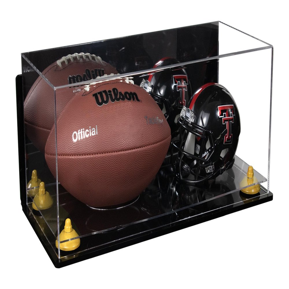 Better Display Cases Acrylic Full Size Football and Mini Helmet Display Case with Mirror Case, Yellow Risers, Wall Mount and Clear Base 19.25" x 8.25" x 8" (B47/A103)
