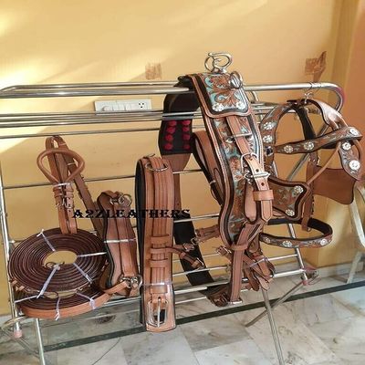 Leather Ride Leather Driving Harness for Single Horse Cart with Bridle, Reins, Traces, Breast Pad, Neck pad, Crupper & Breeching (-Brown Shetland)