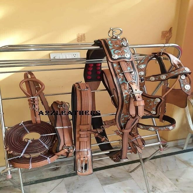 Leather Ride Leather Driving Harness for Single Horse Cart with Bridle, Reins, Traces, Breast Pad, Neck pad, Crupper & Breeching (-Brown Shetland)