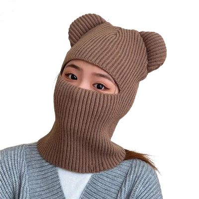 Balaclava for Women Knitted Full Face Mask Neck Warmer Motorcycle Riding Female Hat Snowboarding Lovely Little Bear Ears Brown