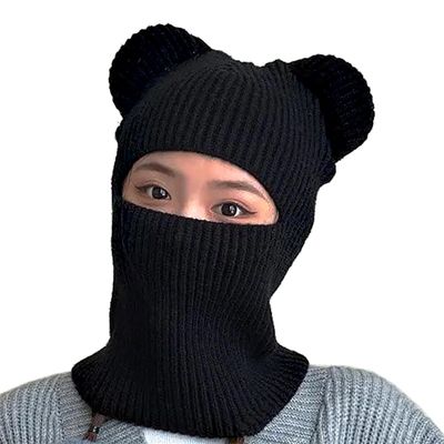 Balaclava for Women Knitted Full Face Mask Neck Warmer Motorcycle Riding Female Hat Snowboarding Lovely Little Bear Ears Black